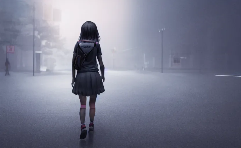 Image similar to school girl walking at night, gloomy and foggy atmosphere, octane render, cgsociety, artstation trending, horror scene, highly detailded