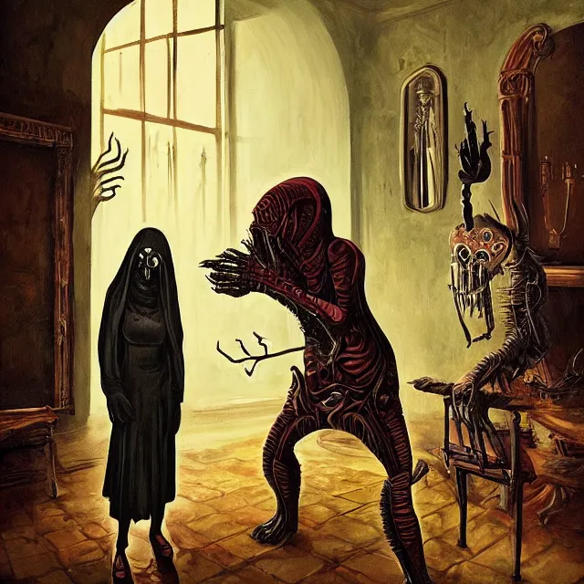 Image similar to a strange creature greeting a female explorer in a dining room, haunted house, rhads!, a hooded figure, a fierce woman, ( h. r. giger )