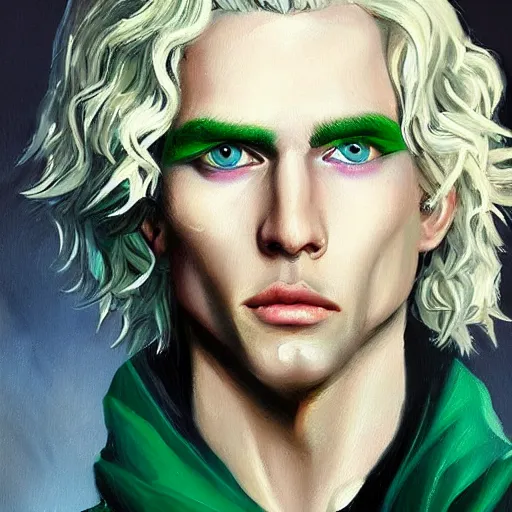 Image similar to oil painting of a beautiful platinum blond curly haired cleanshaven himbo with heterochromia one blue eye one green eye d & d fantasy concept art