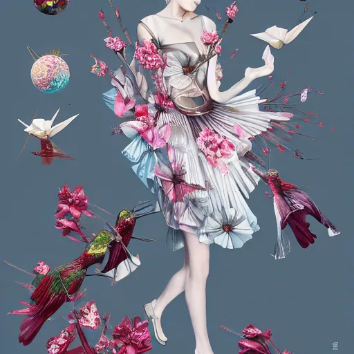 Image similar to 3 / 4 view of a beautiful girl wearing an origami dress, eye - level medium shot, fine floral ornaments in cloth and hair, hummingbirds, elegant, by eiko ishioka, givenchy, by peter mohrbacher, centered, fresh colors, origami, fashion, detailed illustration, vogue, japanese, reallusion character creator