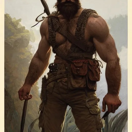 Prompt: portrait of a rugged ranger, muscular, upper body, hairy torso, d & d, fantasy, intricate, elegant, highly detailed, digital painting, artstation, concept art, matte, sharp focus, illustration, art by artgerm and greg rutkowski and alphonse mucha