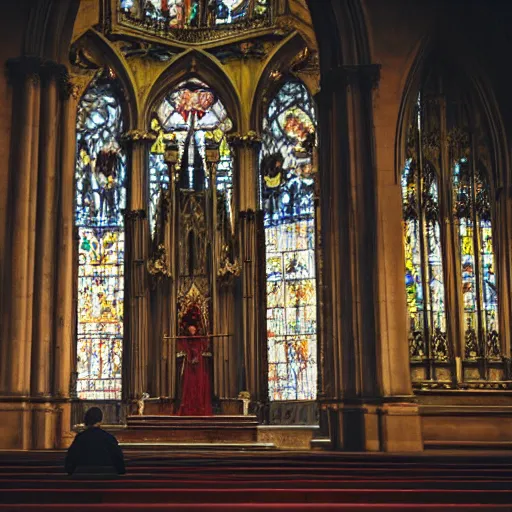 Prompt: man in large throne room of grand cathedral, sitting alone with sword, shadows, fantasy, wallpaper