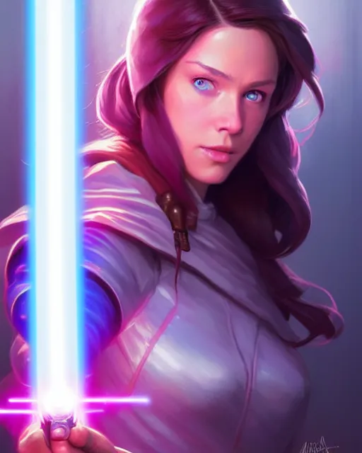 Prompt: gorgeous blue eyed brunette girl!! pink lightsaber! jedi, fire emblem, art by artgerm and greg rutkowski and magali villeneuve, portrait, d & d, fantasy, highly detailed, digital painting, trending on artstation, concept art, sharp focus, illustration