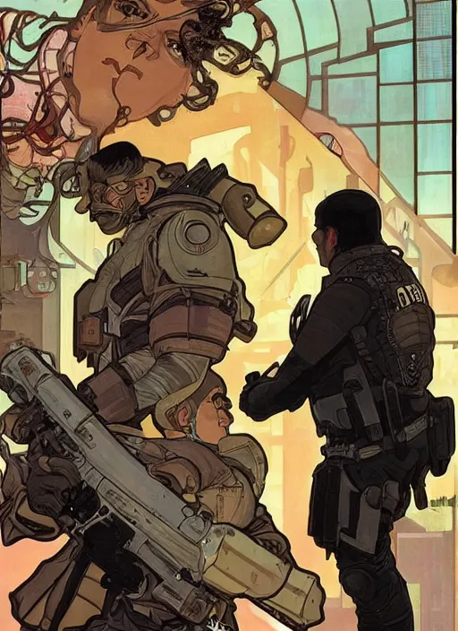 Image similar to cyberpunk paul blart fighting shoplifter. portrait by ashley wood and alphonse mucha and laurie greasley and josan gonzalez and james gurney. spliner cell, apex legends, rb 6 s, hl 2, d & d, cyberpunk 2 0 7 7. realistic face. vivid color. dystopian setting.