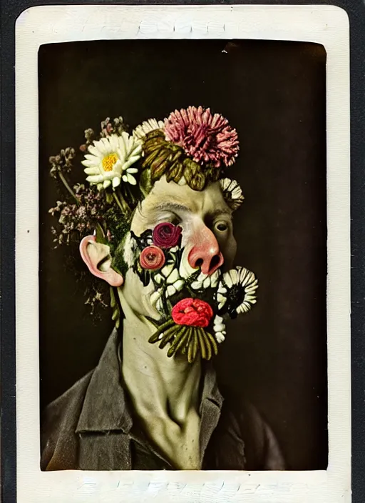 Image similar to beautiful and detailed rotten male made of plants and many types of stylized flowers like carnation, daisy, chrysanthemum, anemone, roses and tulips, intricate, surreal, john constable, gustave courbet, caravaggio, romero ressendi, bruno walpoth 1 9 1 0 polaroid photo