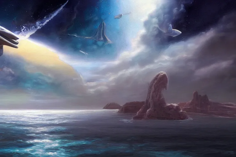 Prompt: ocean, science - fiction, rocket ship, beautiful matte painting, boris vallejo, unreal engine, artstation.