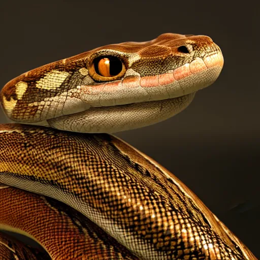 Image similar to photorealistic snake with a cat face. hyperdetailed photorealism, 1 0 8 megapixels, amazing depth, high resolution, 3 d shading, 3 d finalrender, 3 d cinematic lighting, glowing rich colors, psychedelic overtones, artstation concept art.