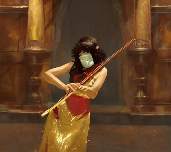 Image similar to craig mullins and ghibli digital art of on the stage of the theater, a masked female violinist performs alone, dressed in exotic costumes, gold jewelry, and black hair realistic shading, cinematic composition, realistic render, octane render, detailed textures, photorealistic, wide shot