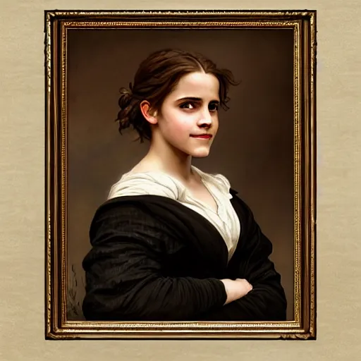 Image similar to Painting of Emma Watson as Hermione Granger. Smiling. Happy. Cheerful. Art by william adolphe bouguereau. During golden hour. Extremely detailed. Beautiful. 4K. Award winning.