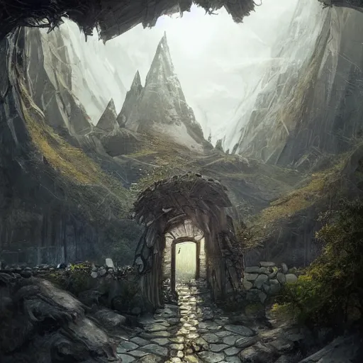 Image similar to beautiful digital painting of front gate of dwarf city of Erebor from Hobbit trending on Artstation, by Daniel Dociu and Greg Rutkowski, high quality, ultra detailed, ultra realistic, concept art, landscape, architecture, Hobbit, Erebor entrance