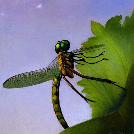 Prompt: emerald dragonfly close-up, Art by william adolphe bouguereau. During golden hour. Extremely detailed. Beautiful. 4K. Award winning.