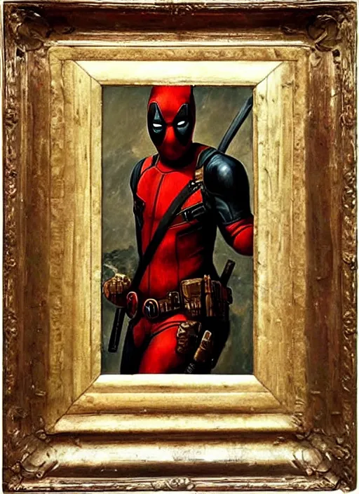 Image similar to oil painting of renaissance deadpool created by gustave courbet and michaelangelo, fantasy, portrait, highly detailed, large brush strokes