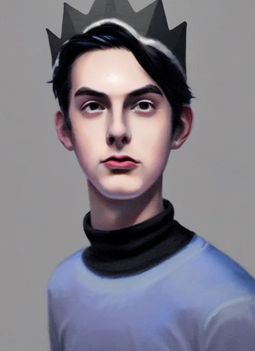 Image similar to portrait of teenage jughead jones wearing a light grey crown, crown, blue turtleneck, 1 9 5 0 s, closed eyes, photorealistic, black hair, glowing lighting, intricate, elegant, glowing lights, highly detailed, digital painting, artstation, concept art, smooth, sharp focus, illustration, art by wlop, mars ravelo and greg rutkowski