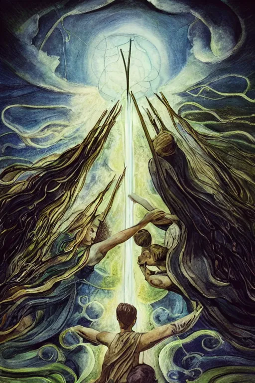 Image similar to the eight of wands tarot card shows eight sprouting wands sailing through the air at high speed.. the sky is clear and the beautiful river is flowing freely, beautiful landscape, 8 wands flying through the air, beautiful artwork by steve skroce and william blake, featured on artstation, cgsociety, behance, dramatic lighting, detailed