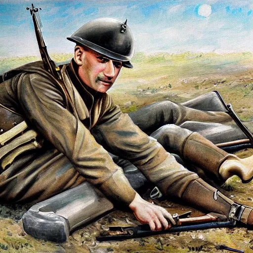 Image similar to a beautiful extremely complex painting of a german army in ww 1 lying down and his weapon next to him the army is tired of the war digital painting