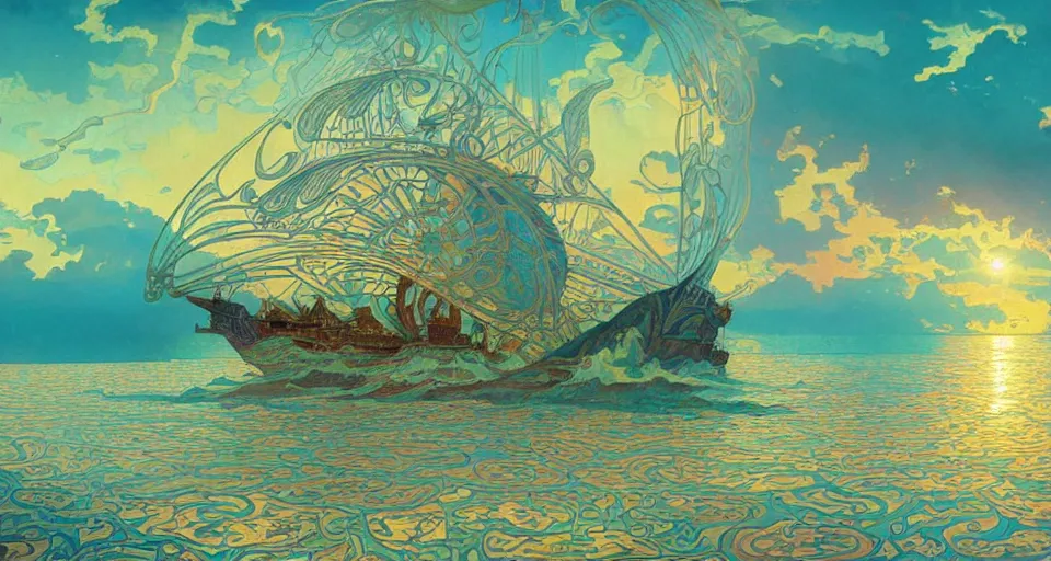 Prompt: psychedelic ⛈ ocean 🌊, giant 🚢 ship, paisley pattern sky, backlit, 🌅, refracted lighting, outdoors, paisley pattern, elegant, 8 k resolution, intricate and fine details, digital painting, artstation, illustration, psychedelic ocean art, krenz cushart, alphonse mucha