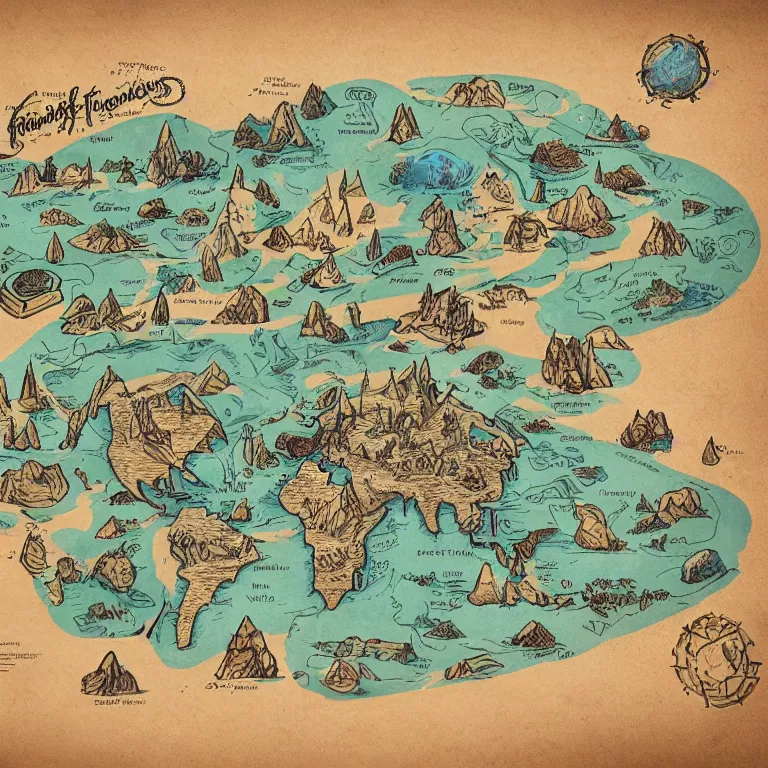 Image similar to imaginary map of a fantacy world, drawing of different elements in the lands, different realms, blueprint, infographic, on paper, natural colors, vintage, with notes, highly detailed, trending on artstation, beautiful