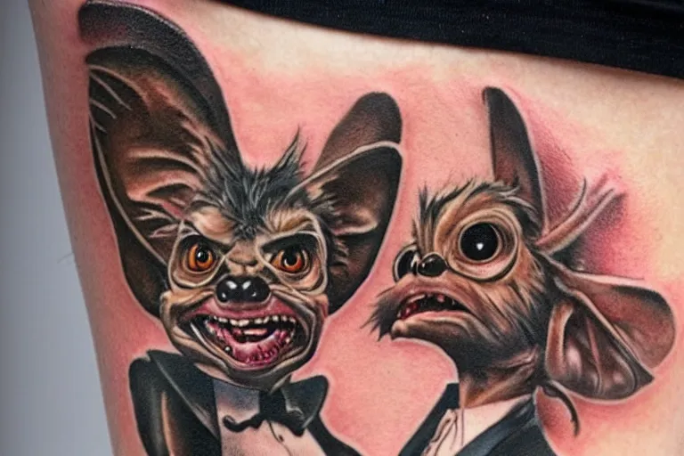 Image similar to a realistic tattoo of gizmo from the movie gremlins wearing a wedding suit and looking happy. neo modern tattoo school, tattoo, dslr