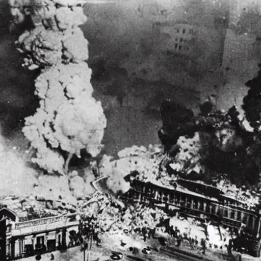 Image similar to A photo of a Puerta de Alcalá (Madrid) being destroyed by a nuclear bomb during the Spanish Civil War