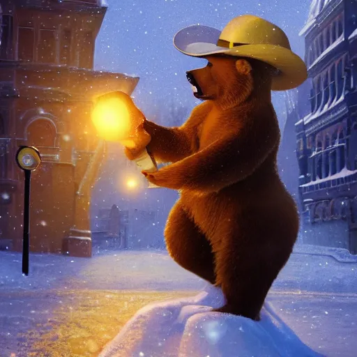 Image similar to smiling brown bear playing yellow Gibson Flying-V guitar in hat in winter at streets of Moscow, sharp focus, fantasy style, octane render, volumetric lighting, 8k high definition, by greg rutkowski, highly detailed, trending on art Station