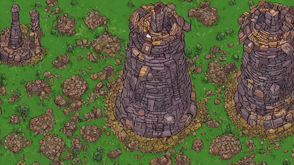 Image similar to aerial view of a wizard tower that's surrounded by resources, lineart from a resource gathering game