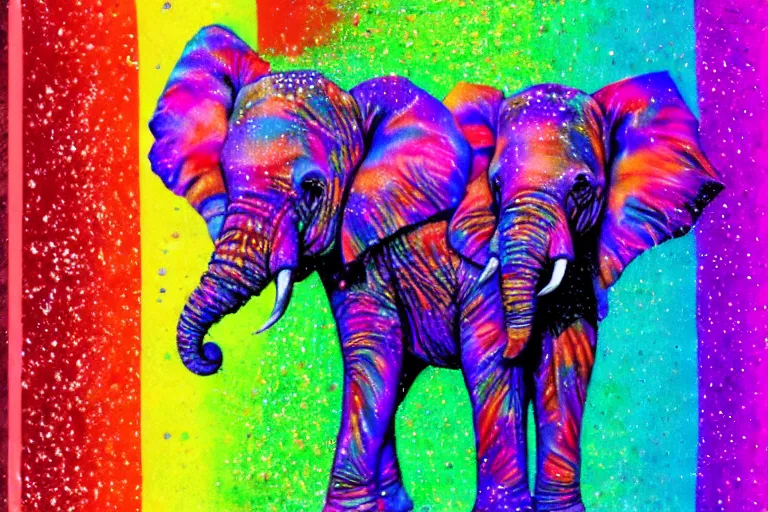 Image similar to an photorealistic picture of an elephant that farts glitter in the colors of the rainbow