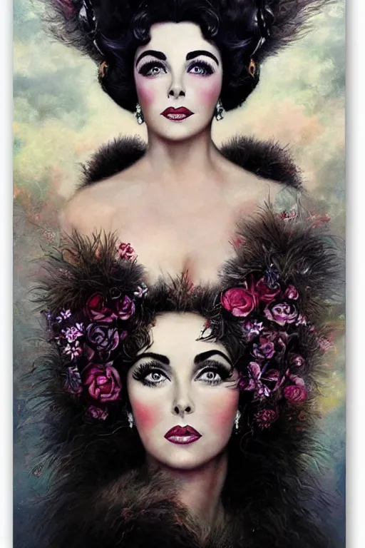 Prompt: center portrait fine art photo of the beauty princess elizabeth taylor, dramatic pose she has a crown of stunning flowers and fur stole and black dress gemstones, realistic eyes, background full of stormy clouds, by peter mohrbacher