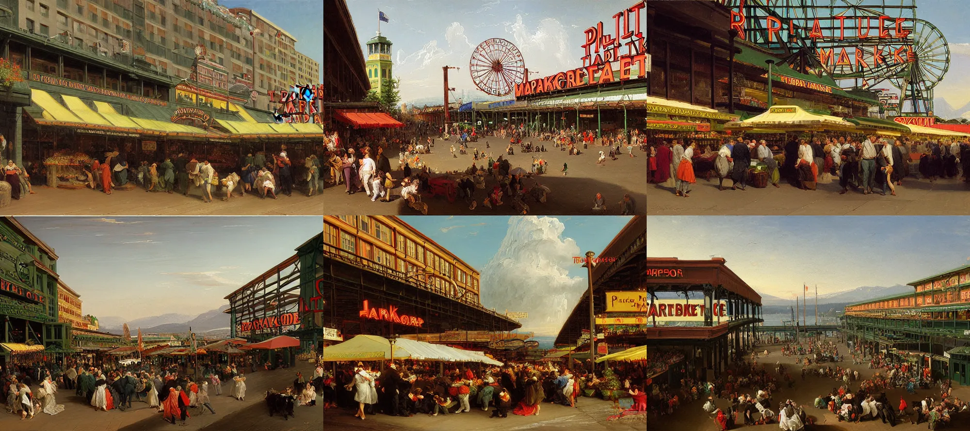 Prompt: pike place market, painting by thomas cole