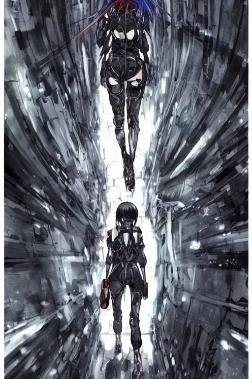 Prompt: beautiful coherent award-winning manga cover art of a mysterious lonely anime woman wearing a plugsuit and traversing an endless concrete hallway, painted by tsutomu nihei full color