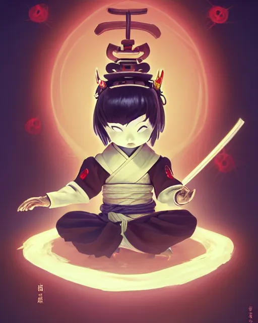 Prompt: a tiny adorable demonic samurai meditating, wrapped in sacred parchment with glowing text, smooth, intricate, elegant, digital painting, artstation, power runes, pulsing energy, concept art, sharp focus, octane render, illustration, art by shintaro kago and beeple, overwatch character,