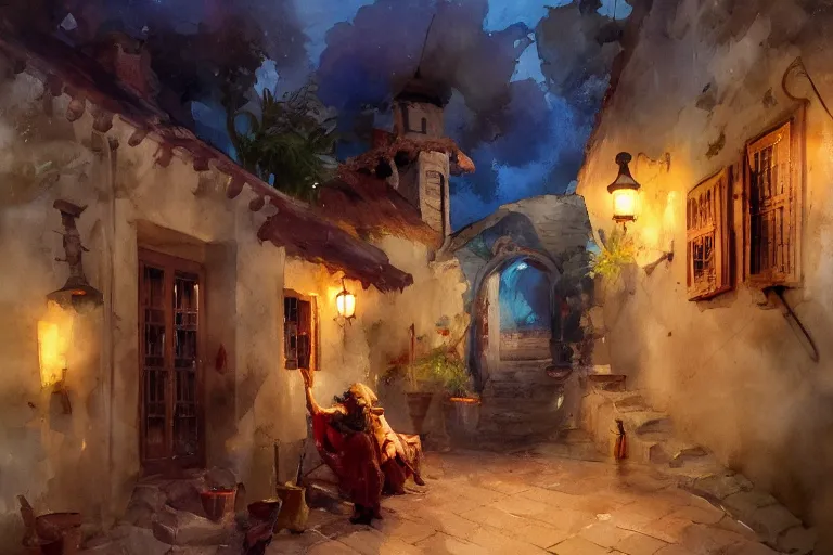 Image similar to paint brush strokes, abstract watercolor painting of rustic mediterranean village at nightfall, lantern, ambient lighting, art by hans dahl, by jesper ejsing, art by anders zorn, wonderful masterpiece by greg rutkowski, cinematic light, american romanticism by greg manchess, creation by tyler edlin