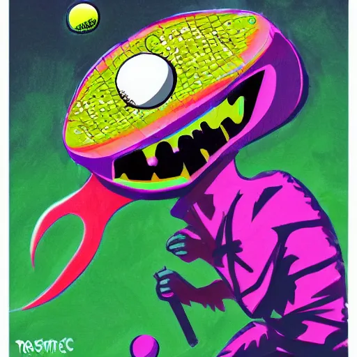 Prompt: a tennis ball monster ,tennis ball, tennis racket, jungle monster, jungle vines, colorful, digital art, fantasy, magic, trending on artstation, ultra detailed, professional illustration by Basil Gogos