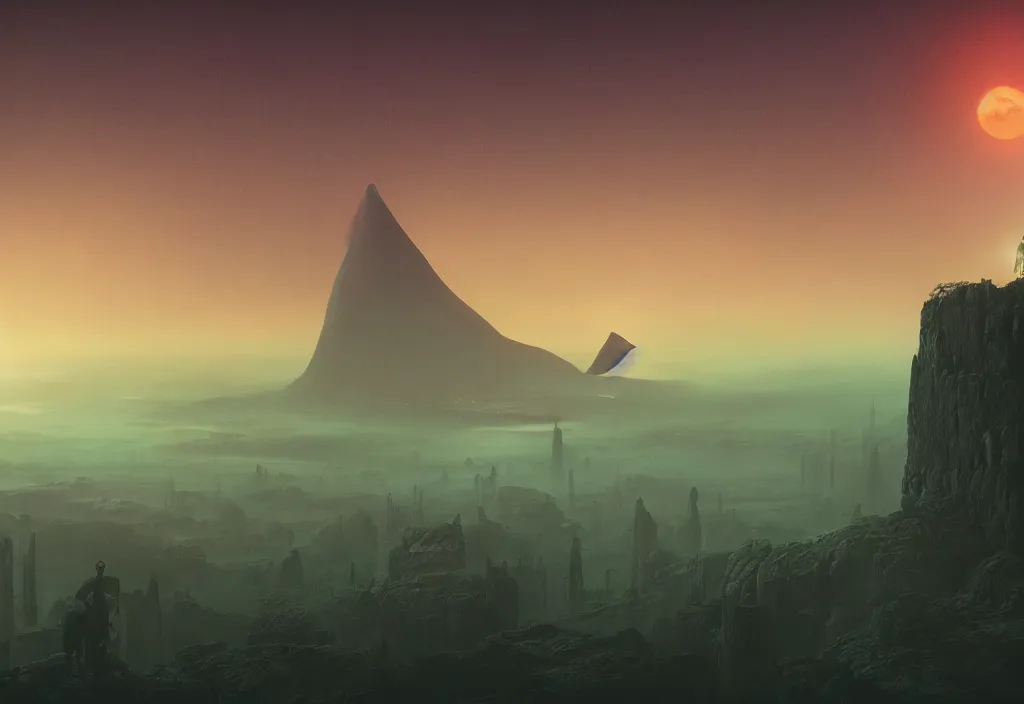 Image similar to a dramatic epic ethereal stunning beautiful and insanely detailed matte painting of a Blade Runner movie still, a small silhouette contemplates the landscape, atmospheric and vaporwave composition, digital art by Kilian Eng and Jean Giraud and Simon Stalenhag, winning-award masterpiece, fantastic, octane render, 8K HD Resolution, High quality image