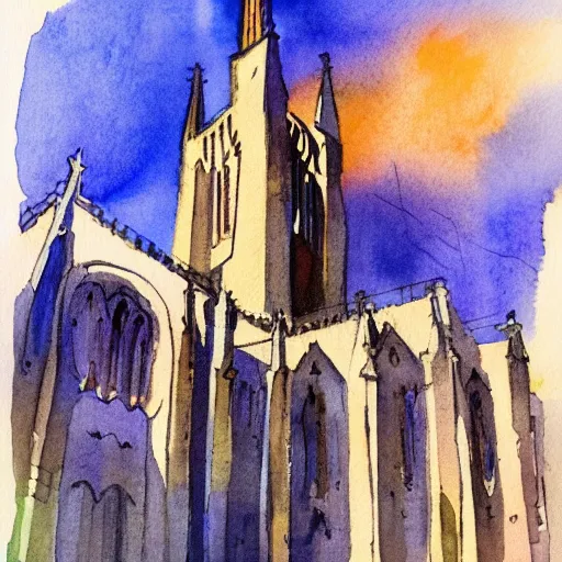 Prompt: coventry cathedral at night, with a group of beautiful angels visiting. watercolour