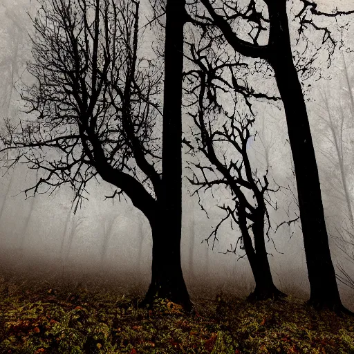 Image similar to realistic album cover of a black metal band with a very large dead oak tree that is flaming, standing far in front of a dark forest, the weather is clear but there is some fog full colour