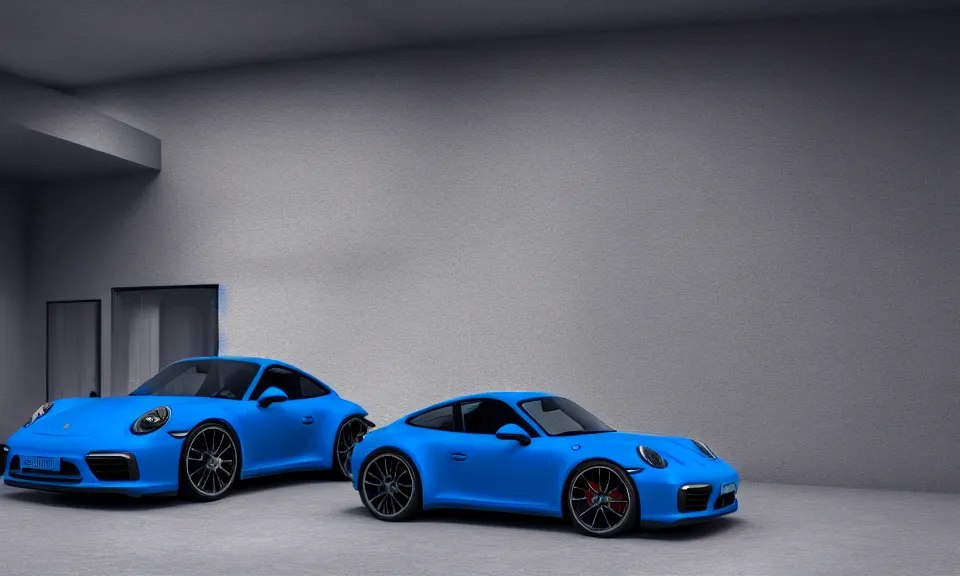 Image similar to photo of a blue porsche 911 standing in a garage, centered, mist, volumetric light, cinematic lighting, octane render, 4k