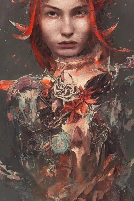 Image similar to portrait of beautiful young mainem, warhammer, japaneese style, cyberpunk armor, a lot of more scars, more and more flowers, orange head, the middle ages, highly detailed, artstation, illustration, art by greg rutkowski, 8 k quality