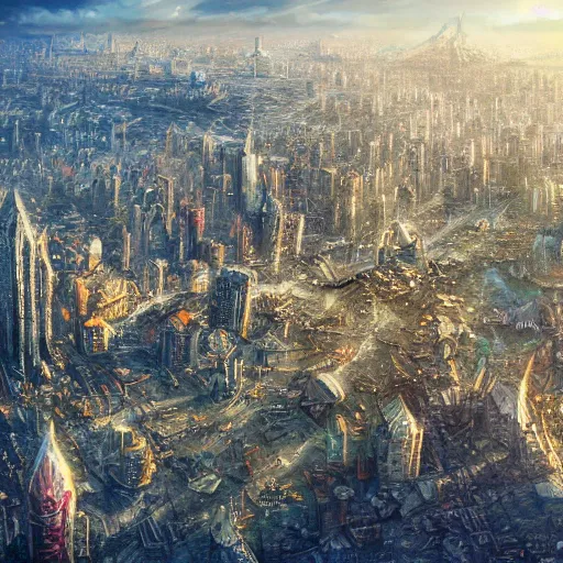 Image similar to fully destroyed city from bird view fantasy landscape, high detail, fantasy art, concept art, 4 k, ultra detail, computer art