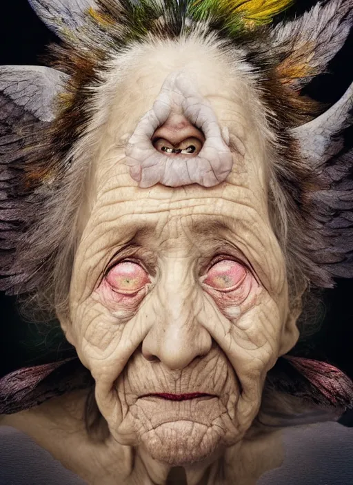 Image similar to an old woman with a weird look on her face, a surrealist painting by Martin Schoeller, shutterstock contest winner, pop surrealism, angelic photograph, stock photo, photoillustration
