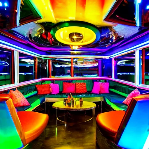 Image similar to architectural digest photo, inside dark and moody crowded futuristic neon tiki bar inside a yacht, tropical plants, blue lighting with small pastel orange and pink accent lights, crowd of cool people dancing