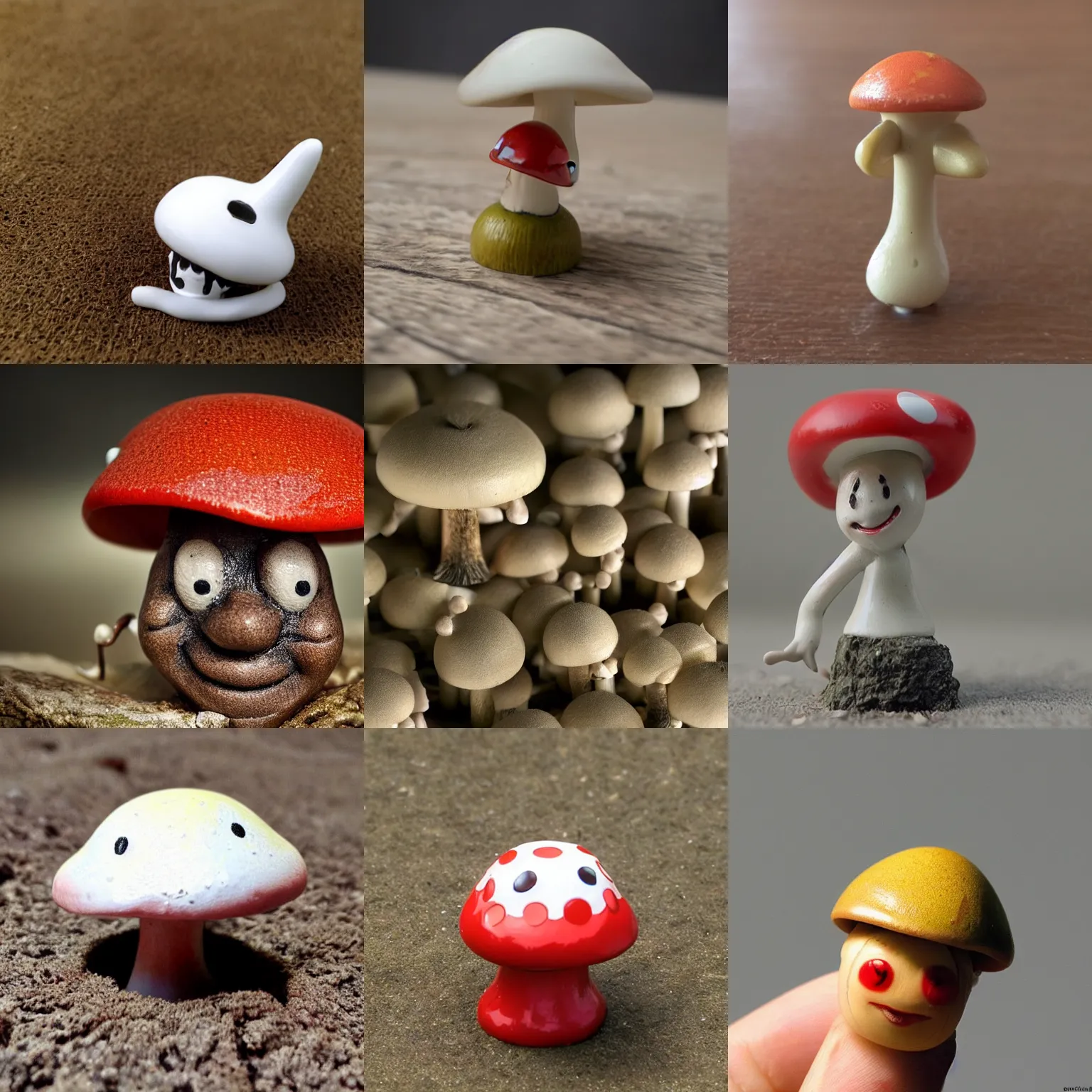 Prompt: anthropomorphic smiling mushroom!!! figurine, creepy macro photo