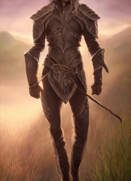 Prompt: A fantasy portrait painting of a male elf wearing leather armor on a beautiful meadow, DAZ, hyperrealistic, ambient light, dynamic light, trending on artstation, d&d, RPG portrait