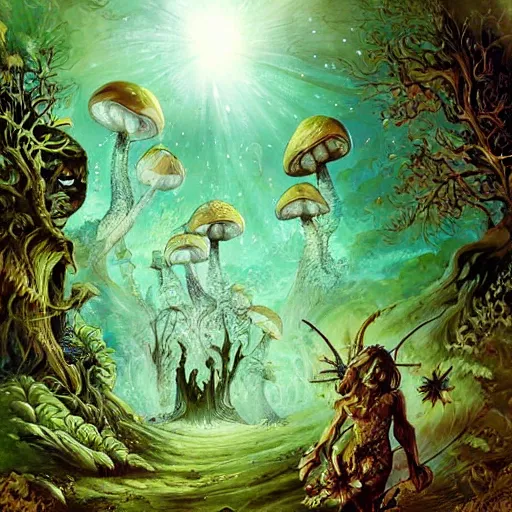 Image similar to stars in the sky fairies with detailed faces enchanted forest mushrooms on the ground psychedelic wide angle shot white background vector art illustration gears of war by frank frazetta