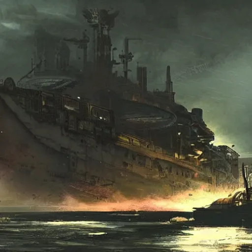 Prompt: as wasteland of nuclear bombs that failed to go off noisy in a moody, dieselpunkpunkpunk sci - fi cyberpunk ship drifting through time and death by... seacliff the ship itself got sucked