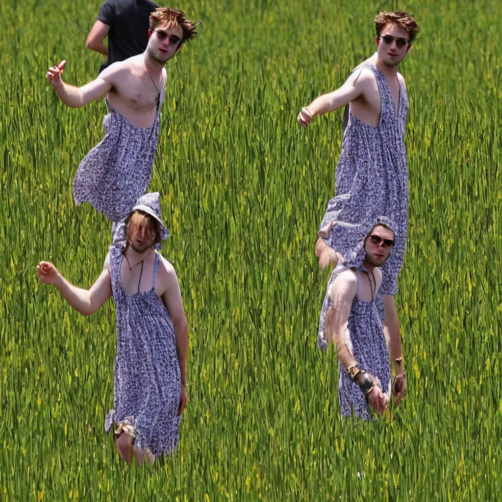 Image similar to robert pattinson in a sundress frolicking through a field