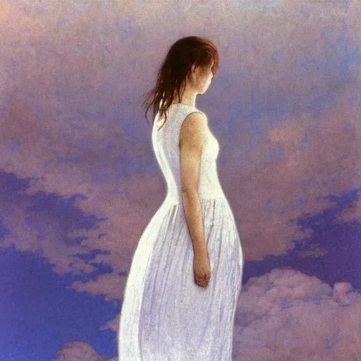 Prompt: a woman with a white dress in a white city, clear blue sky, pink floyd album cover, 1 9 7 0's, by beksinski, bruegel, greg rutkowski, alphonse mucha, and yoshitaka amano, colorful flat surreal design, hd, 8 k, artstation