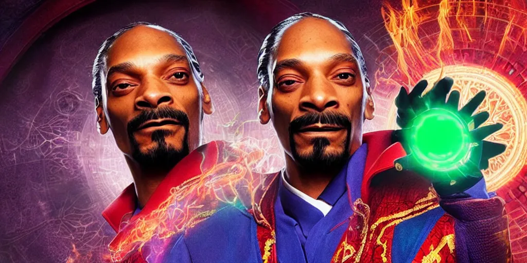 Image similar to snoop dogg as the doctor strange, marijuana leaves, green light, highly detailed, marvel cinematic universe, mcu, photo