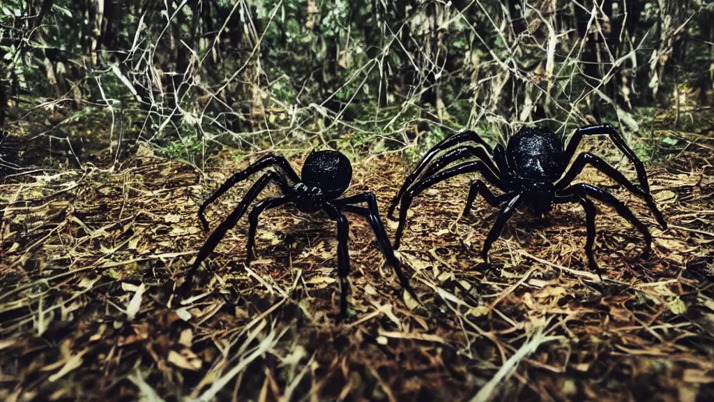 Prompt: big spider, shiny black body, sharp legs fangs, surreal forest