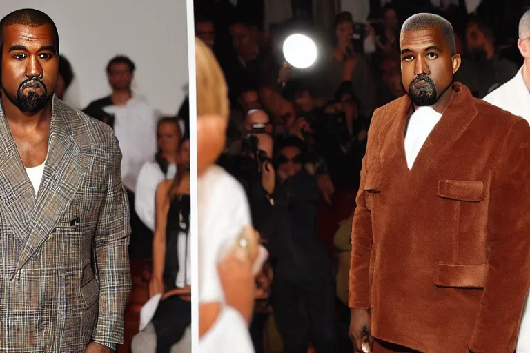 Image similar to kanye west wearing a suit made of steak, runway photo