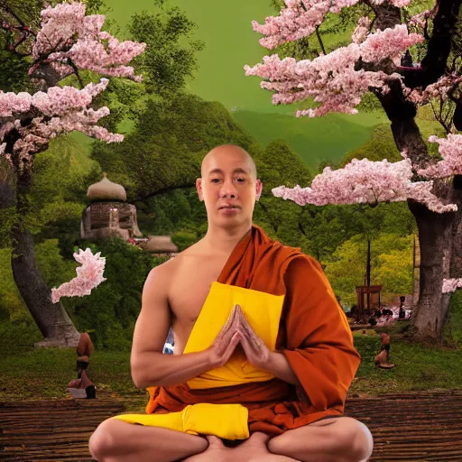 Image similar to a monk practicing yoga in front of a tibetean monastery on top of a mountain, under a cherry blossom tree, steampunk, detailed digital art